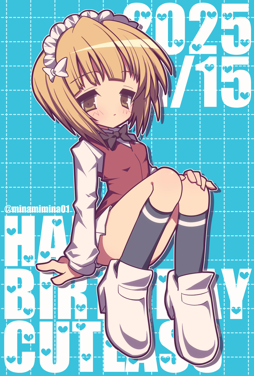 1girl bartender black_bow black_bowtie black_socks blonde_hair blue_background blunt_bangs bob_cut bow bowtie brown_vest character_name closed_mouth commentary cutlass_(girls_und_panzer) dated dress_shirt floating girls_und_panzer hand_on_own_knee happy_birthday highres kneehighs knees_up light_frown loafers long_sleeves looking_at_viewer maid_headdress minami_mina miniskirt pleated_skirt shirt shoes short_hair single_vertical_stripe skirt socks solo text_background twitter_username vest white_shirt white_shoes white_skirt wing_collar yellow_eyes