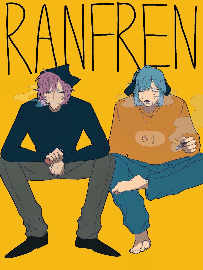 2boys absurdres bags_under_eyes blue_hair chamadori cigarette facial_mark fingernails full_body half-closed_eyes highres invisible_chair male_focus marijuana multiple_boys nyen_(randal&#039;s_friends) nyon_(randal&#039;s_friends) pink_hair randal&#039;s_friends sharp_fingernails short_hair sitting smoke smoking whisker_markings yellow_background