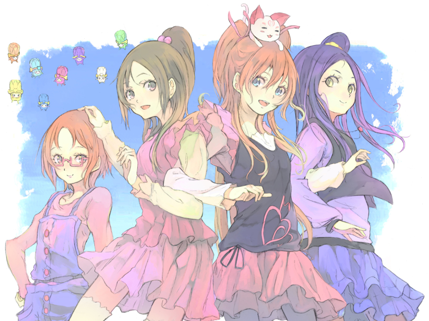 10s 4girls blue_eyes brown_hair dodory dory eyelashes fary glasses half_updo houjou_hibiki hummy_(suite_precure) kurokawa_eren lary long_hair minamino_kanade miry multiple_girls orange_hair pink_eyes ponytail precure purple_hair purple_shirt rery seiren_(suite_precure) shirabe_ako shirt short_hair side_ponytail skirt sory suite_precure tiry toromi_chuuka yellow_eyes