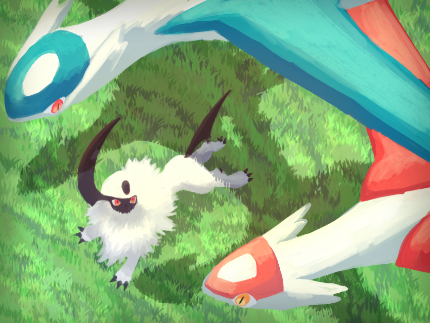 7_phi_3 absol claws floating flying gen_3_pokemon grass highres horns latias latios legendary_pokemon looking_down looking_up nintendo no_humans pokemon pokemon_(creature) red_eyes running shadow single_horn slit_pupils wings yellow_eyes