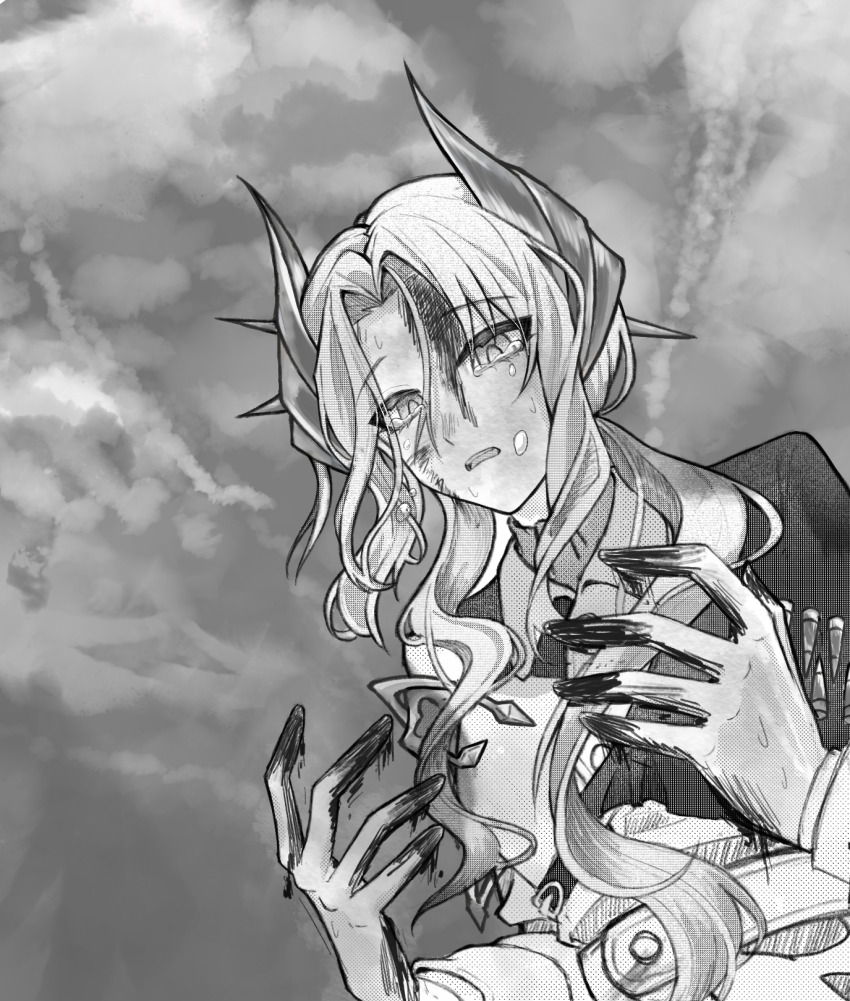 1girl cloud cloudy_sky dirty dirty_face dirty_hands from_below greyscale hair_ornament hands_up highres jacket long_hair looking_at_hands low_ponytail monochrome open_mouth pipi_duan ponytail reverse:1999 sentinel_(reverse:1999) side_cape sky solo sweat tearing_up upper_body