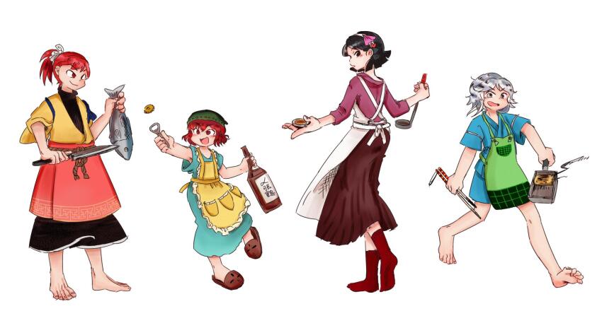 4others alternate_costume amanomiya_jun androgynous animal ankle_socks apron asymmetrical_sleeves back_bow bare_legs barefoot black_eyes black_hair black_pants black_shirt blue_dress blue_shirt blue_shorts blue_sleeves blunt_ends blush_stickers bottle bottle_cap bottle_opener bow brown_footwear casual checkered_apron checkered_clothes chikafumikou choko_(cup) closed_mouth commentary_request cup detached_sleeves dowsing_rod dress fish frilled_apron frills from_behind frying_pan full_body green_apron green_headscarf green_headwear grey_eyes grey_hair hair_ornament hair_ribbon hairband hakama hakama_skirt headscarf heart heart_hair_ornament highres holding holding_animal holding_bottle holding_cup holding_fish holding_frying_pan holding_knife holding_ladle houlen_yabusame japanese_clothes katano_sukune knees knife ladle layered_sleeves len&#039;en long_sleeves looking_ahead looking_at_viewer looking_back medium_dress mismatched_sleeves multiple_others ooya_kunimitsu open_mouth other_focus pants parted_lips pink_shirt pink_sleeves pocket ponytail red_apron red_eyes red_hair red_hakama red_skirt red_socks ribbon ribbon-trimmed_headwear ribbon_trim rope sake_bottle shirt short_hair short_ponytail short_sleeves shorts simple_background skirt slippers smile smoke socks three-quarter_sleeves toenails toes turtleneck turtleneck_shirt umbrella_hair_ornament v-neck v-shaped_eyebrows v-shaped_eyes vest waist_apron white_apron white_background white_hairband white_ribbon wide_sleeves yellow_apron yellow_vest