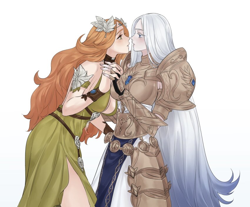 2girls armor astraea_010 blue_hair blush breasts cleavage commentary dress final_fantasy final_fantasy_xiv gauntlets gradient_hair green_dress green_eyes halone highres holding_hands imminent_kiss interlocked_fingers large_breasts long_hair multicolored_hair multiple_girls nophica orange_hair parted_lips pauldrons shoulder_armor side_slit simple_background symbol-only_commentary very_long_hair white_background white_hair yuri