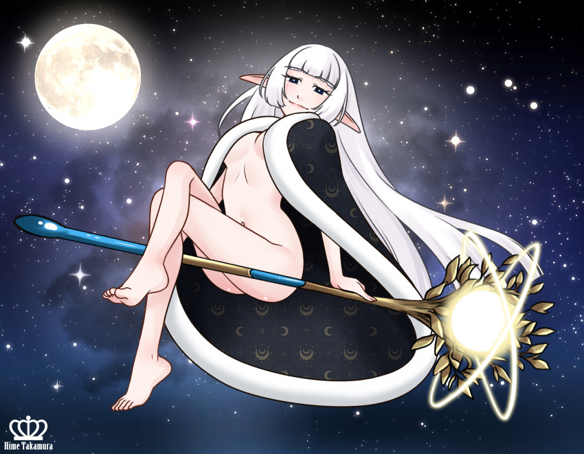 1girl absurdly_long_hair blue_eyes branch bright_pupils commission commissioner_upload crossed_legs elf feet full_moon functionally_nude highres hime_takamura hoshi_delefaun leaf long_hair mantle moon pointy_ears sitting sitting_on_object sky staff star_(sky) starry_sky very_long_hair watermark white_hair white_pupils