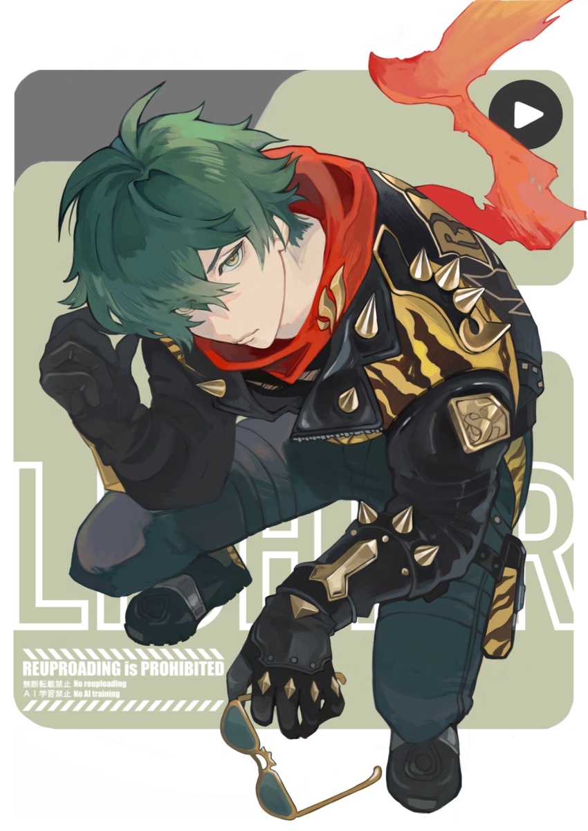 1boy animal_print black_boots black_gloves black_jacket black_pants boots closed_mouth commentary_request elbow_on_knee full_body gloves green_eyes green_hair hair_between_eyes highres holding holding_removed_eyewear invisible_chair jacket kneeling lapels leather leather_jacket lighter_(zenless_zone_zero) looking_ahead male_focus mumu_vosp notched_lapels pants parted_bangs pouch red_scarf scarf short_hair sitting solo spiked_jacket sunglasses thigh_pouch tiger_print unworn_eyewear yellow-framed_eyewear zenless_zone_zero zipper