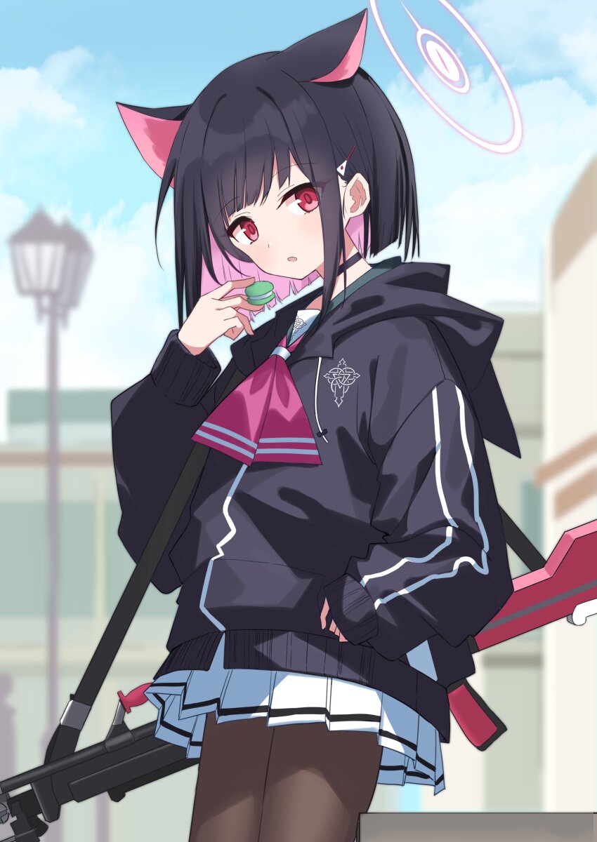 1girl absurdres animal_ear_fluff animal_ears black_choker black_hair black_pantyhose black_sweater blue_archive blurry blurry_background blush bren_lmg cat_ears choker cloud colored_inner_hair commentary_request commission cowboy_shot day dice_choco food from_below green_sailor_collar gun hair_ornament hairclip halo hand_up highres holding holding_food hood hood_down hooded_sweater kazusa_(blue_archive) lamppost light_machine_gun long_sleeves looking_at_viewer macaron machine_gun miniskirt multicolored_hair neckerchief outdoors pantyhose parted_lips pink_hair pink_halo pink_neckerchief pleated_skirt red_eyes sailor_collar shirt short_hair sidelocks skeb_commission skirt sleeves_past_wrists solo standing sweater weapon white_shirt white_skirt