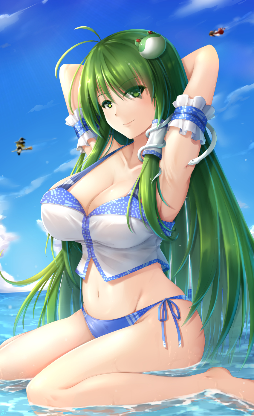 3girls absurdres adapted_costume armband armpits arms_behind_head bikini blue_bikini blue_sky breasts cleavage collarbone commentary_request crop_top frilled_armband frills frog_hair_ornament green_eyes green_hair hair_ornament hakurei_reimu highres kirisame_marisa kochiya_sanae large_breasts long_hair looking_at_viewer midriff multiple_girls navel ocean seiya_(iiseven) side-tie_bikini_bottom sitting sky smile snake_hair_ornament solo_focus swimsuit thighs touhou wariza water white_bikini