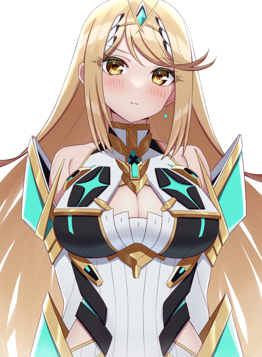 1girl absurdres bare_shoulders blonde_hair breasts chest_jewel cleavage cleavage_cutout closed_mouth clothing_cutout commentary_request core_crystal_(xenoblade) dress earrings gem green_gemstone highres jewelry large_breasts light_blush long_hair looking_at_viewer mythra_(xenoblade) shinae simple_background sleeveless sleeveless_dress solo swept_bangs tiara upper_body very_long_hair white_background white_dress xenoblade_chronicles_(series) xenoblade_chronicles_2 yellow_eyes