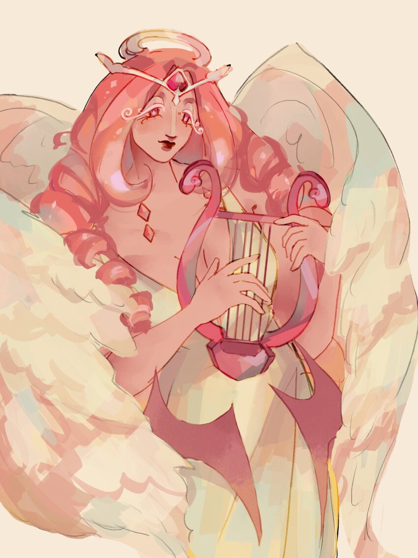 1girl angel angel_wings breasts colored_skin cookie_run cookie_run:_kingdom demon_girl demon_wings dress eternal_sugar_cookie gwormmyy highres long_hair medium_breasts pink_hair pink_skin solo very_long_hair white_dress wings