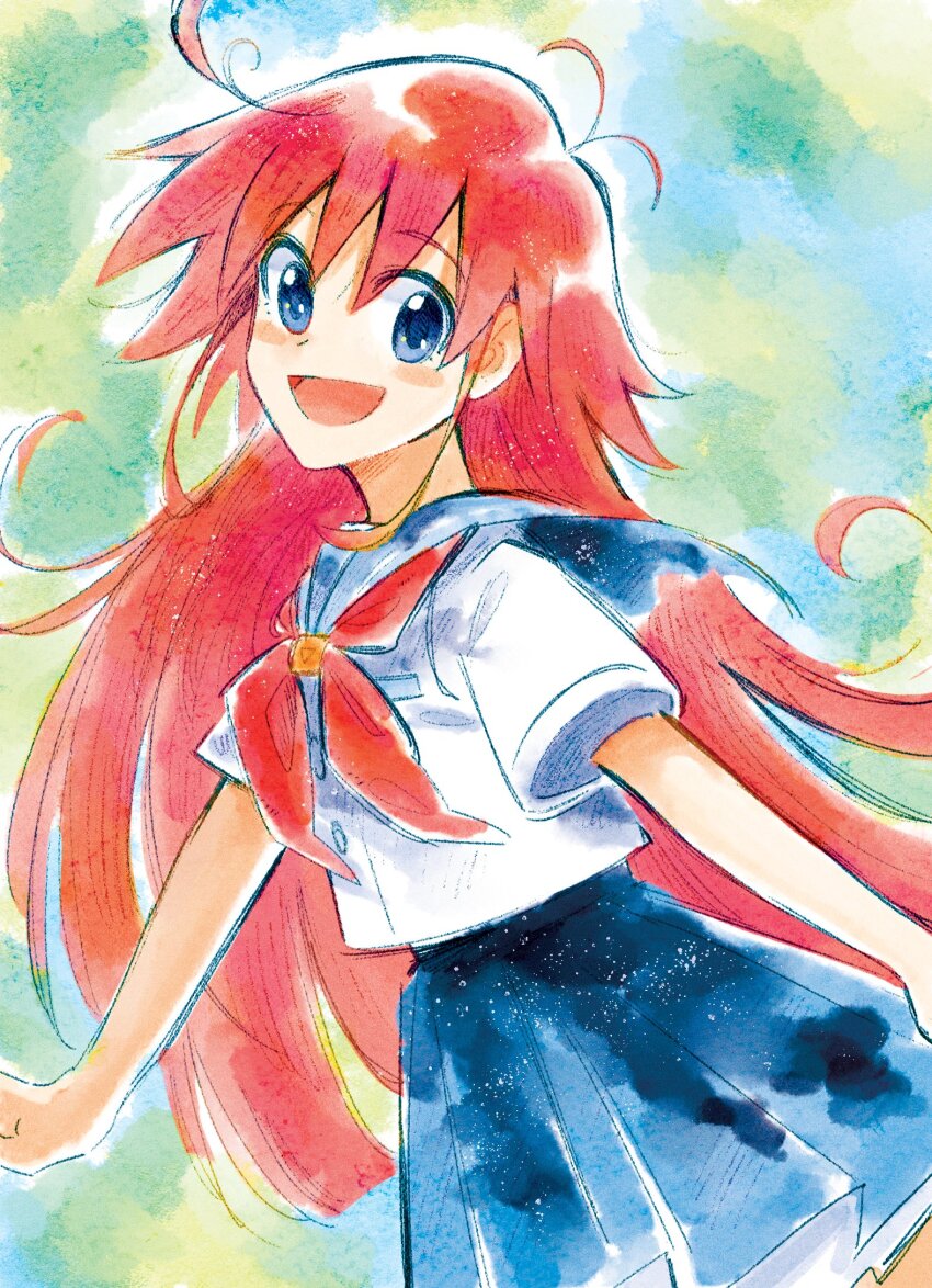 1girl ange_(angeban93) blue_eyes blue_sailor_collar blue_skirt commentary english_commentary flip_flappers highres long_hair looking_at_viewer neckerchief open_mouth painting_(medium) papika_(flip_flappers) pleated_skirt red_hair red_neckerchief sailor_collar shirt short_sleeves skirt smile solo traditional_media watercolor_(medium) white_shirt