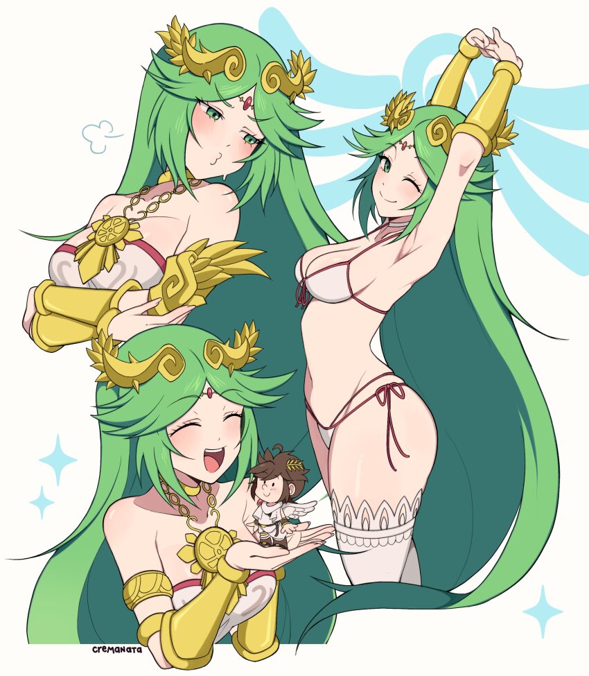 1boy 1girl absurdres ahoge ancient_greek_clothes angel angel_wings armlet armpits arms_up bare_shoulders bikini blue_eyes blush bracer breasts brown_hair circlet cleavage closed_eyes closed_mouth cremanata dress feathered_wings forehead_jewel from_side gold_armlet greco-roman_clothes green_eyes green_hair highres holding jewelry kid_icarus kid_icarus_uprising large_breasts laurel_crown legs long_hair navel nintendo one_eye_closed open_mouth palutena pit_(kid_icarus) short_hair smile stomach swimsuit thighhighs thighs thong_bikini tiara very_long_hair white_bikini white_thighhighs wings wink