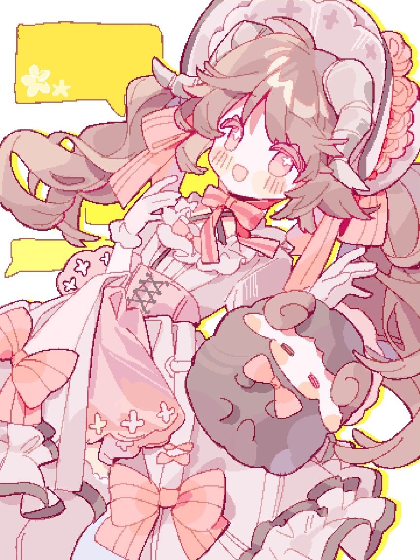 1girl :d alternate_costume ambience_synesthesia animal_ears arknights black_sheep blush bonnet chinese_commentary commentary_request cowboy_shot dress eyjafjalla_(ambience_synesthesia)_(arknights) eyjafjalla_(arknights) flower flower-shaped_pupils gloves goat_ears goat_girl goat_horns hands_up hat hat_flower highres horns layered_dress leaning_back long_hair looking_at_viewer official_alternate_costume open_mouth pink_dress pink_flower pink_rose pixelated rose saucer_(saucer752) sheep simple_background smile solo speech_bubble symbol-shaped_pupils thighhighs twintails wavy_hair white_background white_gloves