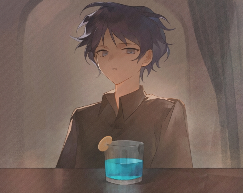 1boy blue_eyes blue_hair brown_shirt chinese_commentary collared_shirt commentary_request cup drink drinking_glass feiyingliaoluan-haruto food fruit indoors lemon lemon_slice male_focus parted_lips saibou_shinkyoku shirt short_hair solo upper_body utsugi_noriyuki wispy_bangs