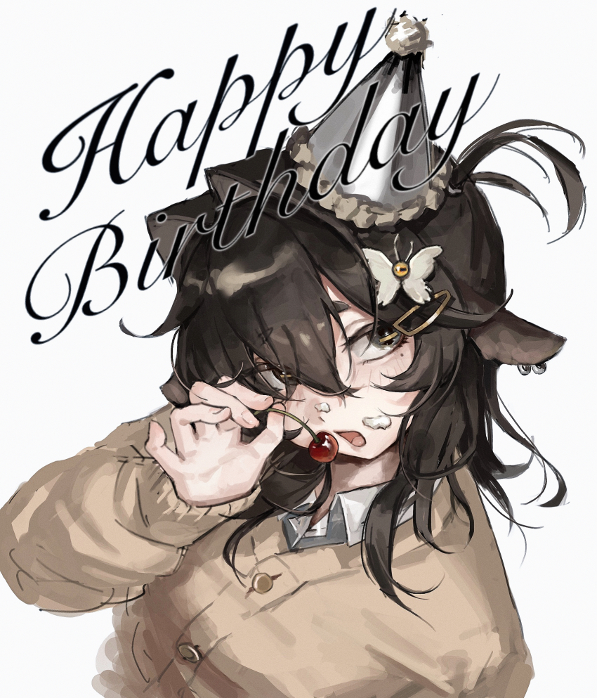 1girl animal_ear_piercing animal_ears arm_up birthday black_eyes black_hair brown_sweater butterfly_hair_ornament collared_shirt commentary_request cream cream_on_face food food_on_face goat_ears goat_girl gyaru hair_between_eyes hair_ornament hairclip happy_birthday hat highres holding_cherry horizontal_pupils kirihara_aki kuzakura_yako_(kirihara_aki) long_hair long_sleeves looking_at_viewer mini_hat mole mole_under_eye open_mouth original shirt shirt_under_sweater sidelocks sweater upper_body white_shirt yellow_pupils