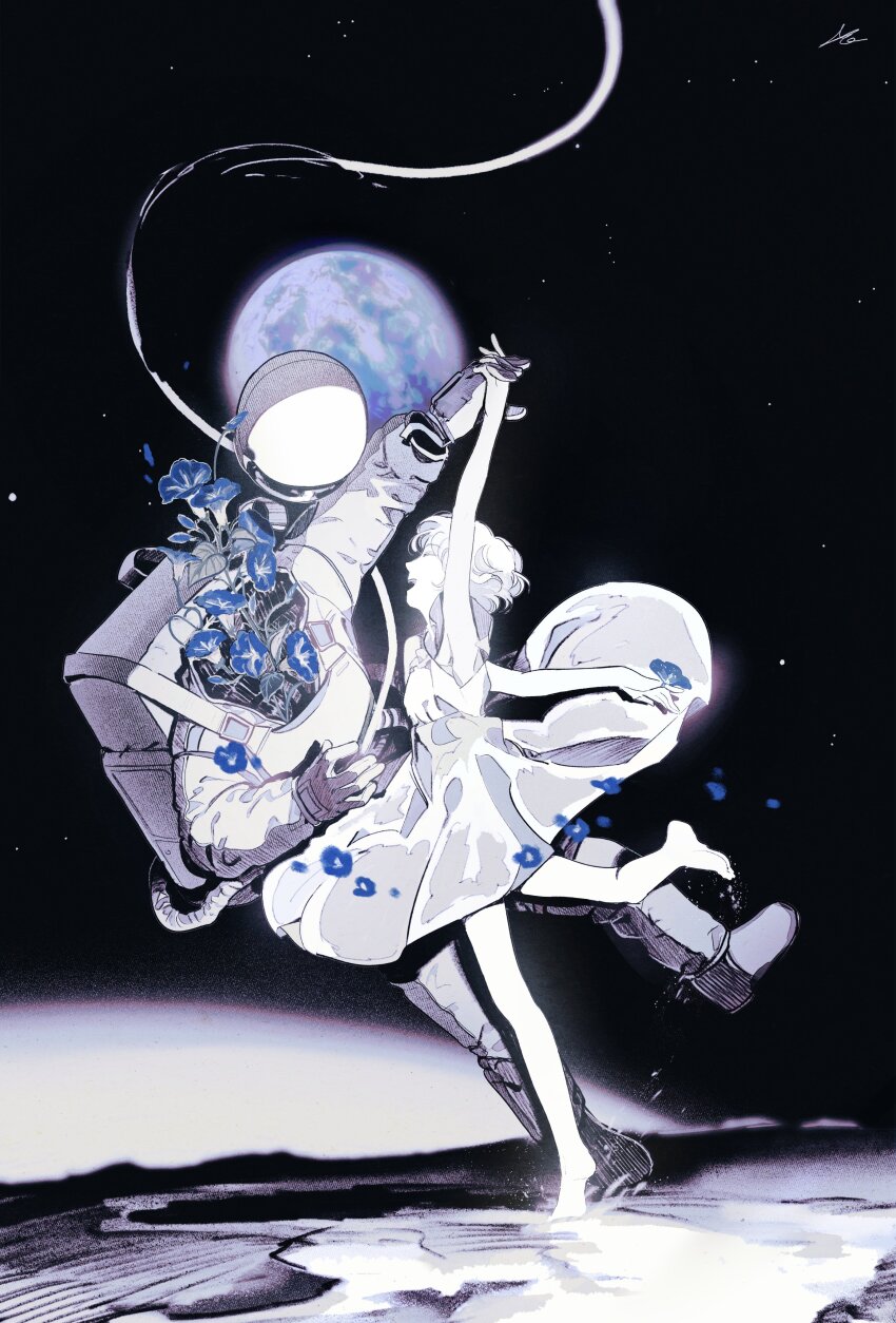 1girl absurdres astronaut bag barefoot blue_flower boots closed_eyes dancing dress earth_(planet) floating_hair flower hair_between_eyes helmet highres holding_hands horror_(theme) in_orbit open_mouth original planet short_hair signature skirt smile space space_helmet space_uniform toktin_zq white_dress white_hair white_skirt