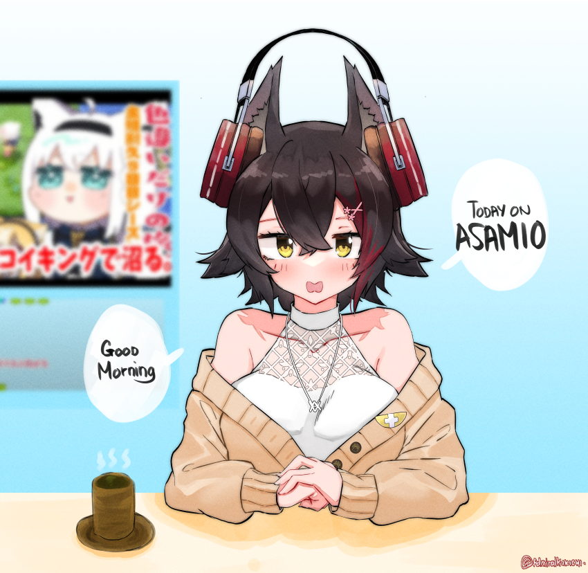 1girl absurdres admiralkukichi animal_ear_fluff animal_ears bare_shoulders black_hair black_shoes blush breasts brown_cardigan cardigan cleavage collarbone commentary crossed_bangs cup desk double-parted_bangs english_text hair_between_eyes hair_ornament hairclip halter_shirt halterneck headphones_on_animal_ears highres hololive jewelry large_breasts looking_at_viewer multicolored_hair necklace off-shoulder_shirt off_shoulder official_alternate_costume ookami_mio ookami_mio_(street) open_cardigan open_clothes open_mouth pov_across_table red_hair see-through_cleavage see-through_clothes shirakami_fubuki shirt shoes short_hair sleeveless sleeveless_shirt solo streaked_hair teacup twitter_username virtual_youtuber white_shirt wolf_ears yellow_eyes yunomi
