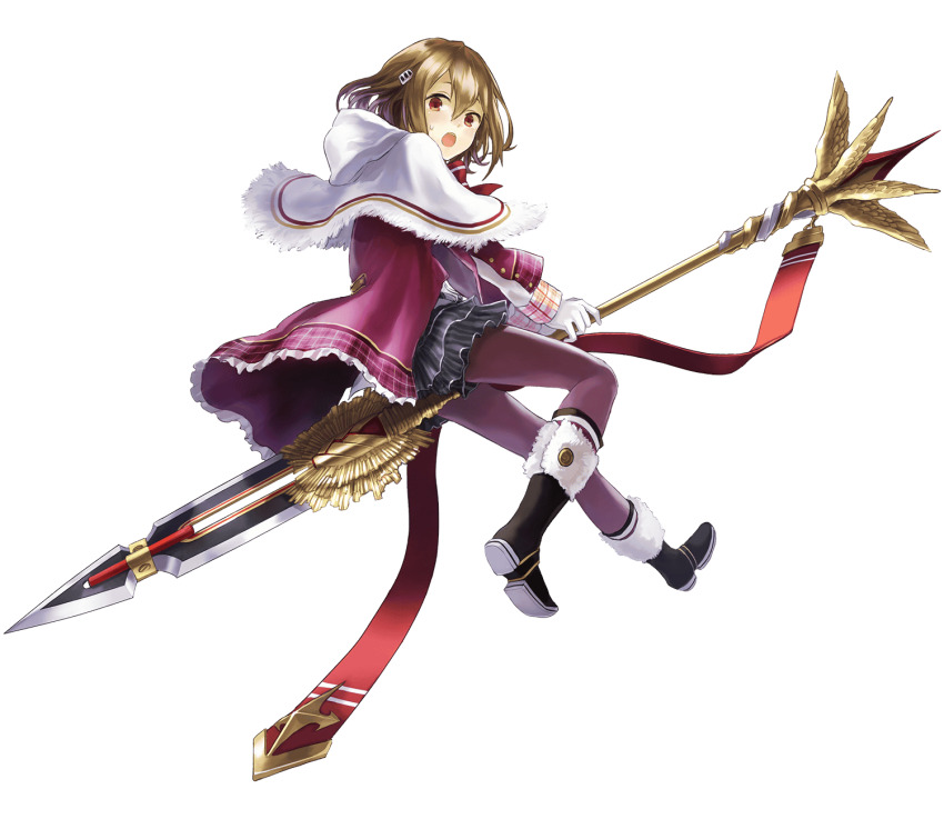 1girl black_boots boots crossed_bangs from_side full_body gloves hair_between_eyes hair_ornament highres holding holding_polearm holding_weapon jacket light_brown_hair longinus_(phantom_of_the_kill) looking_at_viewer official_alternate_costume official_art open_mouth orange_eyes pantyhose phantom_of_the_kill polearm purple_jacket purple_pantyhose simple_background skirt solo spear sweatdrop teeth transparent_background upper_teeth_only watarubou weapon white_gloves