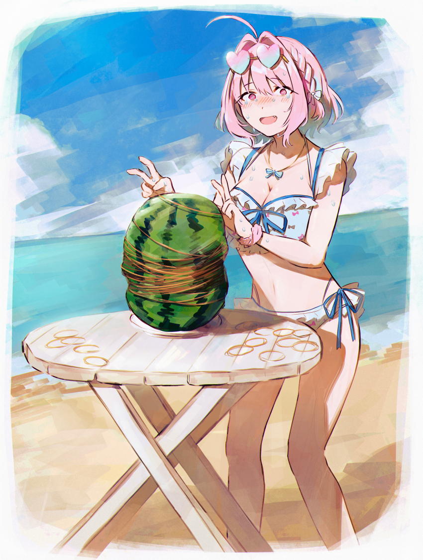 1girl absurdres ahoge bikini blue_bikini blue_hair blue_ribbon blue_sky blush braid breasts cloud crying crying_with_eyes_open day double_v empty_eyes exploding_watermelon_challenge eyewear_on_head fang feet_out_of_frame food frilled_bikini frills fruit hamachamu hands_up heart heart-shaped_eyewear highres idolmaster idolmaster_cinderella_girls large_breasts legs_apart looking_at_viewer multicolored_hair nose_blush open_mouth outdoors pink_eyes pink_hair ribbon rubber_band scrunchie single_braid sky solo standing sunglasses swimsuit table tears thighs two-tone_hair v watermelon wrist_scrunchie yumemi_riamu