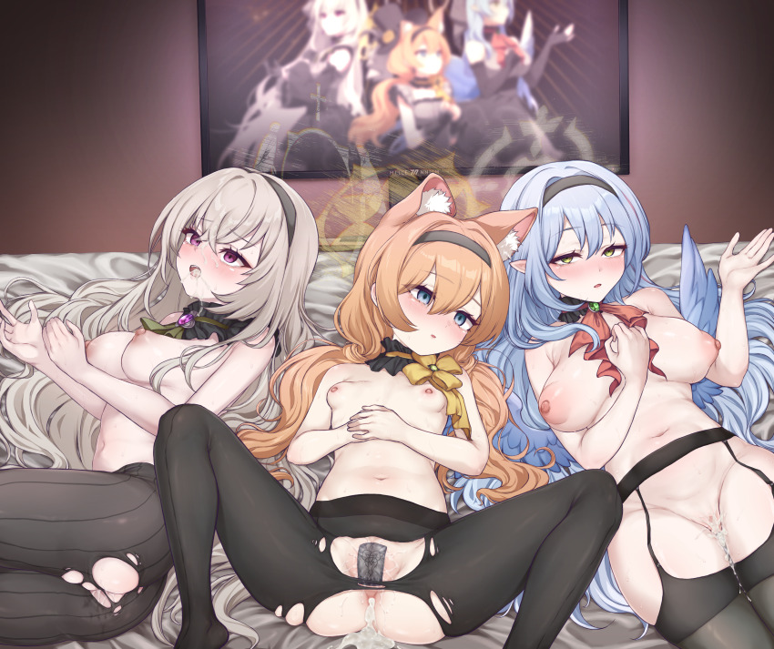 3girls absurdres after_anal after_vaginal aftersex animal_ear_fluff animal_ears black_pantyhose black_thighhighs blue_archive blue_eyes blue_hair blue_wings breasts cat_ears censored cum cum_in_ass cum_in_mouth cum_in_pussy cum_on_body cum_on_tongue cumdrip facial green_hair grey_hair halo highres indoors juxtaposition large_breasts lee_mae_hyang long_hair maebari mari_(blue_archive) mari_(idol)_(blue_archive) mine_(blue_archive) mine_(idol)_(blue_archive) mosaic_censoring multiple_girls navel nipples open_mouth pantyhose performance_juxtaposition purple_hair pussy sakurako_(blue_archive) sakurako_(idol)_(blue_archive) small_breasts thighhighs torn_clothes torn_pantyhose white_halo wings yellow_halo