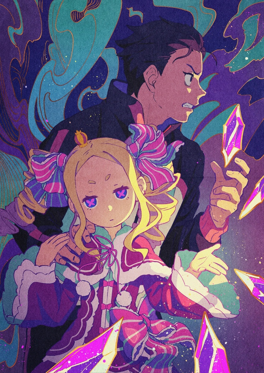 1boy 1girl beatrice_(re:zero) blonde_hair blue_eyes brown_hair butterfly-shaped_pupils capelet clenched_teeth closed_mouth commentary_request crown dress drill_hair eyelashes hair_ornament hair_ribbon head_tilt highres iwamushi long_hair long_sleeves looking_at_viewer mini_crown natsuki_subaru re:zero_kara_hajimeru_isekai_seikatsu ribbon short_eyebrows short_hair sidelocks symbol-shaped_pupils teeth twin_drills