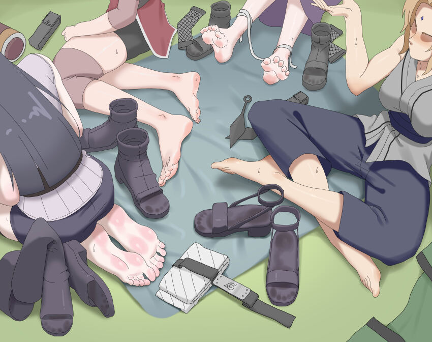 4girls absurdres barefoot black_hair blonde_hair feet haruno_sakura highres hyuuga_hinata light_blush long_hair mature_female multiple_girls naruto_(series) paxa349 sandals shoes soles sweat toes tsunade_(naruto) unworn_shoes yamanaka_ino
