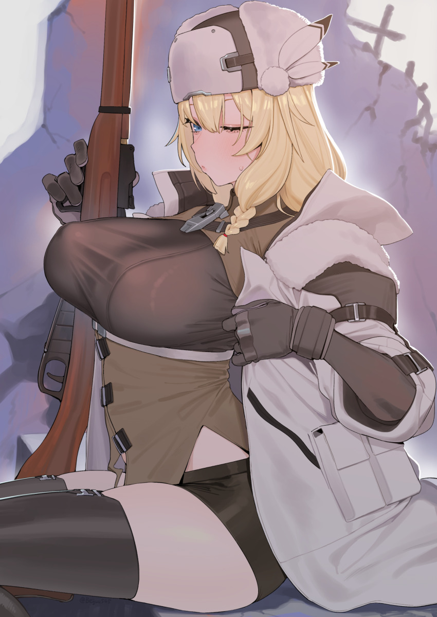 1girl beijuu black_thighhighs blonde_hair blue_eyes blush bolt_action braid breasts brown_corset brown_gloves commentary_request corset feathered_helmet framed_breasts girls&#039;_frontline girls&#039;_frontline_2:_exilium gloves gun hat highres large_breasts long_hair looking_at_viewer mosin-nagant mosin-nagant_(girls&#039;_frontline) mosin-nagant_(girls&#039;_frontline_2) one_eye_closed rifle single_braid sitting solo thighhighs ushanka weapon