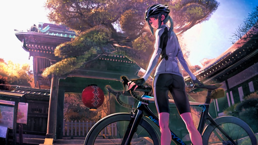 1girl architecture ass bicycle bicycle_helmet bike_horn bike_jersey bike_shorts black_gloves black_hair black_shorts blue_eyes blue_sky breasts brown_hair bus_stop chinese_lantern cowboy_shot day east_asian_architecture end_card female_focus fingerless_gloves fingernails from_behind gloves helmet highres legs_apart long_hair long_sleeves looking_at_viewer looking_back medium_breasts minami-kamakura_koukou_joshi_jitensha-bu mori_shiki open_mouth outdoors parted_lips ponytail road_sign sabaku_no_tanuki shorts sidelocks sign sky smile solo standing teeth temple torii tree twisted_neck