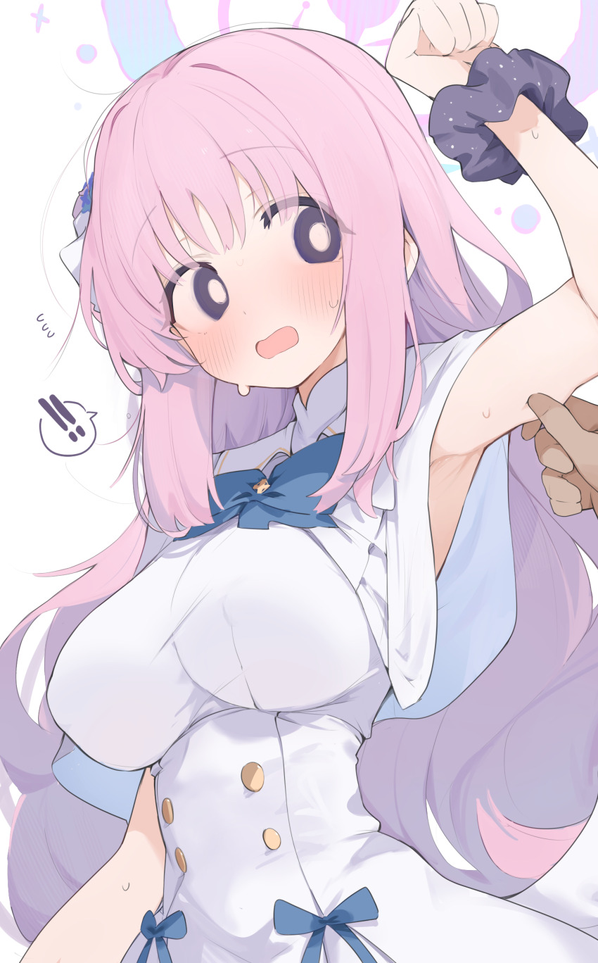 ! !! 1boy 1girl arm_up armpits black_eyes blue_archive blush breasts bright_pupils capelet dress halo highres large_breasts long_hair mika_(blue_archive) mikozin pink_hair pink_halo presenting_armpit simple_background solo_focus spoken_exclamation_mark white_background white_capelet white_dress white_pupils
