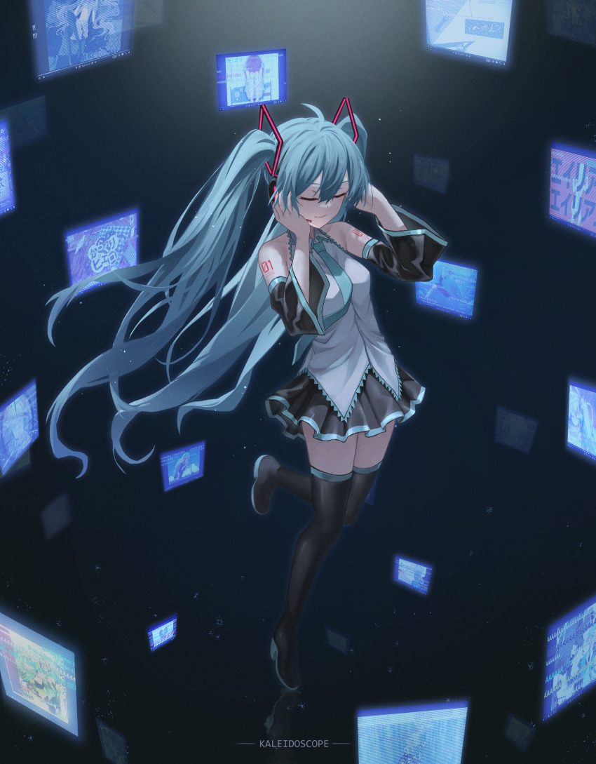 1girl absurdres alien_alien_(vocaloid) aqua_hair aqua_necktie black_background black_boots black_skirt black_sleeves boots closed_eyes commentary danmaku_comments detached_sleeves faldeus floating_hair full_body grey_shirt hands_on_own_head hands_up hatsune_miku hatsune_miku_no_shoushitsu_(vocaloid) headphones hello/how_are_you_(vocaloid) hibana_(vocaloid) highres karakuri_pierrot_(vocaloid) koi_wa_sensou_(vocaloid) leg_up light_particles long_hair melt_(vocaloid) necktie niconico number_tattoo parody_request screen senbon-zakura_(vocaloid) shinkai_shoujo_(vocaloid) shirt shoulder_tattoo sidelocks simple_background skirt smile solo tattoo thigh_boots thighhighs twintails very_long_hair vocaloid world_is_mine_(vocaloid)