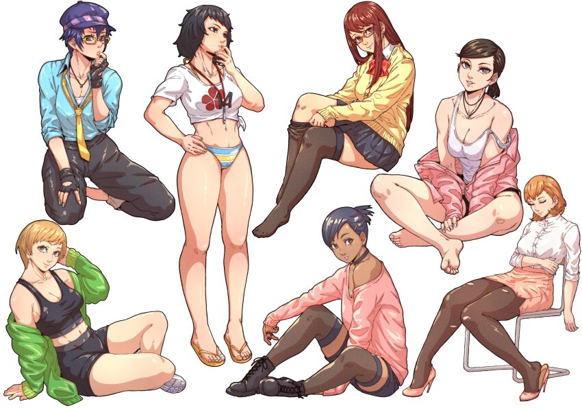 absurdres black_hair blue_hair breasts brown_eyes brown_hair chuckuddin cleavage collarbone fushimi_chihiro glasses hat highres jacket jewelry kawakami_sadayo large_breasts looking_at_viewer medium_breasts medium_hair multiple_girls navel nishiwaki_yuuko open_mouth persona persona_3 persona_4 persona_5 sandals satonaka_chie shirogane_naoto shirt short_hair simple_background skirt smile teacher toriumi_isako uehara_sayoko yellow_sandals