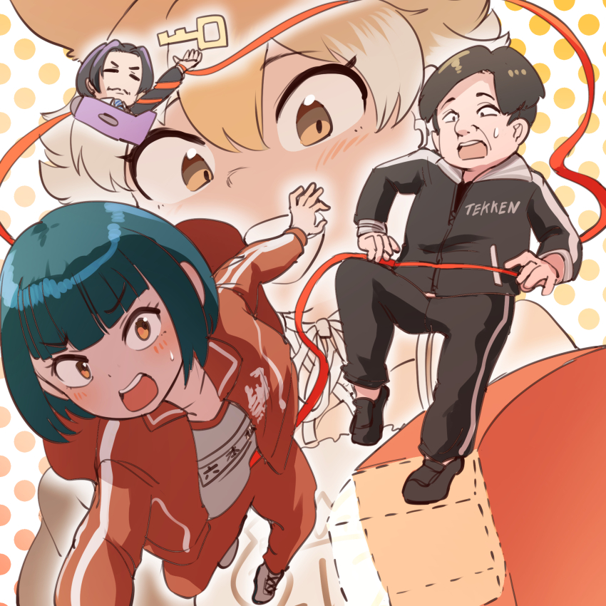 2boys 2girls 6pon_matsu animal_ears black_hair blonde_hair camisole coyote_(kemono_friends) extra_ears green_hair highres indie_virtual_youtuber jacket jersey kemono_friends kemono_friends_v_project looking_at_viewer mcgunngu multiple_boys multiple_girls orange_eyes pico_park shirt shoes short_hair simple_background virtual_youtuber wolf_ears wolf_girl yellow_eyes