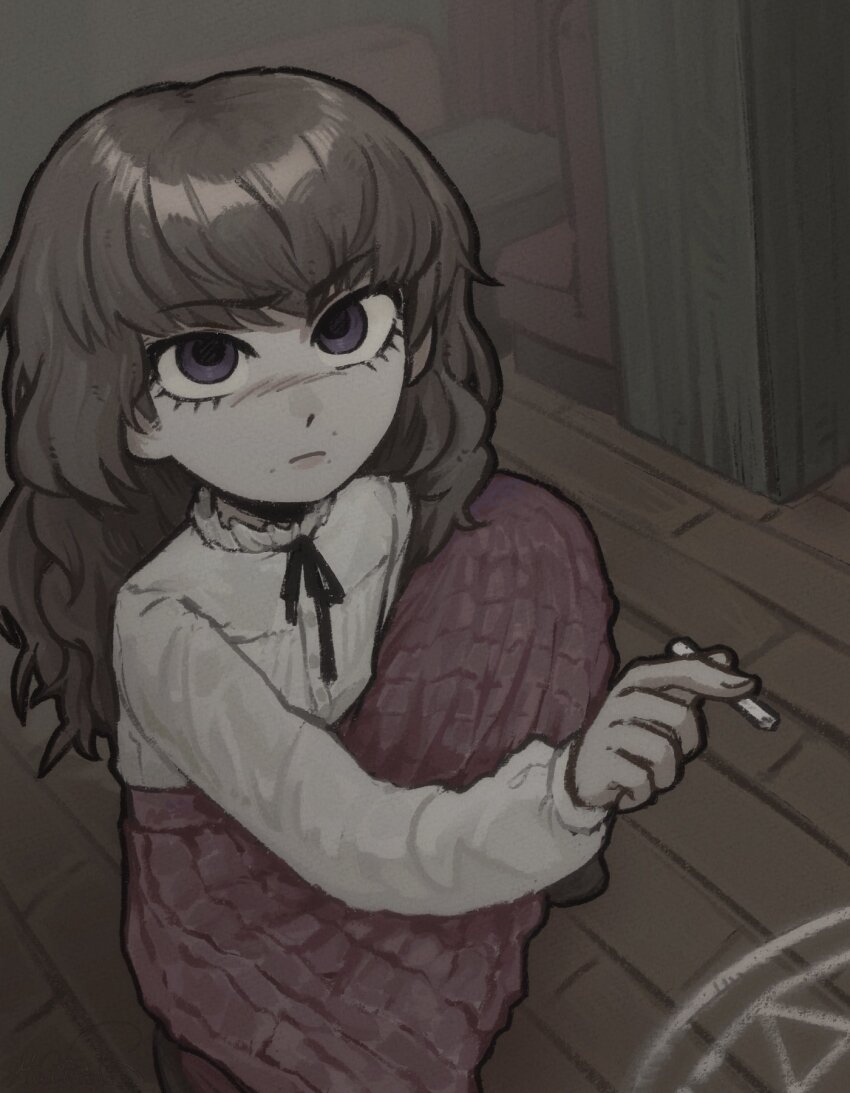 1girl black_ribbon brown_hair chalk closed_mouth face_piercing fear_&amp;_hunger_(series) fear_&amp;_hunger_2:_termina frilled_shirt_collar frills hashtag-only_commentary highres holding holding_chalk long_hair long_sleeves looking_at_viewer mac_kich marina_(fear_&amp;_hunger) mouth_piercing neck_ribbon on_one_knee piercing pink_skirt purple_eyes ribbon shirt skirt solo white_shirt