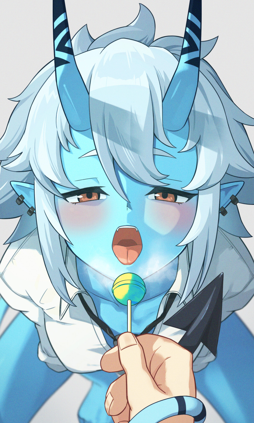 1boy 1girl absurdres black_necktie blue_horns blue_oni blue_skin blue_tail blush breasts breath candy collarbone collared_shirt colored_skin demon_horns demon_tail earrings embarrassed fangs fingernails food from_above hair_between_eyes hair_between_horns half-closed_eyes heavy_breathing highres holding_candy holding_lollipop horns jewelry loli lollipop long_sleeves looking_at_viewer loose_necktie multicolored_horns mutsuki_albino necktie oni open_mouth pointy_ears red_eyes shirt short_hair simple_background skin-covered_horns small_breasts soukaku_(zenless_zone_zero) tail tail_wrap teeth thick_eyebrows tongue two-tone_horns two-tone_tail upper_teeth_only white_background white_hair white_shirt zenless_zone_zero
