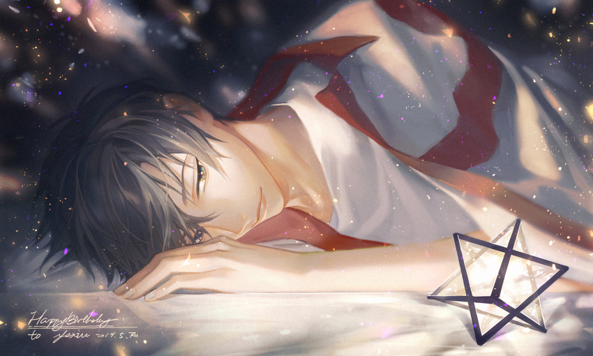 1boy bed_sheet black_hair blurry closed_mouth dated english_text hair_between_eyes happy_birthday jersey light_particles looking_at_viewer lying male_focus on_bed on_side parted_lips pillow quan_zhi_gao_shou ru_(famia) shirt short_hair short_sleeves signature smile solo sportswear star_(symbol) upper_body volleyball_uniform white_shirt ye_xiu yellow_eyes