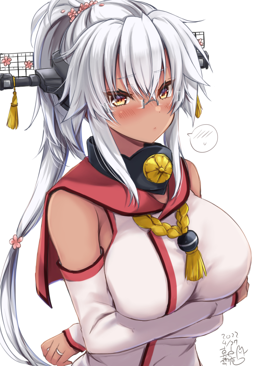 1girl absurdres alternate_hairstyle blush breasts brown_eyes cosplay crossed_arms dark-skinned_female dark_skin detached_sleeves embarrassed glasses headgear highres kantai_collection large_breasts long_hair looking_at_viewer mashiro_yukiya musashi_(kancolle) musashi_kai_ni_(kancolle) ponytail sailor_collar simple_background solo spoken_blush white_background yamato_(kancolle) yamato_(kancolle)_(cosplay)