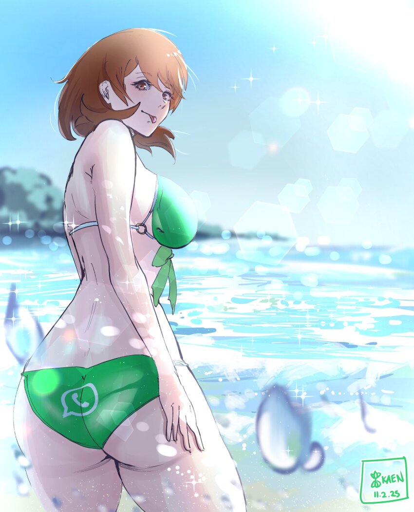 1girl :p ass beach.water bikini blue_sky breasts brown_eyes brown_hair kaen_(yoltablaze) large_breasts looking_at_viewer looking_back ocean persona persona_3 short_hair sky sunlight swimsuit takeba_yukari tongue tongue_out whatsapp
