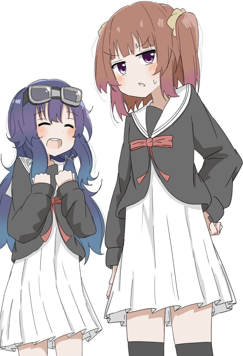 2girls ^_^ annoyed black_thighhighs blunt_bangs brown_hair chageaska2 closed_eyes cowboy_shot dress fujinomisaki_school_uniform goggles goggles_on_head gradient_hair hair_ornament hair_ribbon happy highres hoshikuzu_telepath konohoshi_umika long_hair medium_hair multicolored_hair multiple_girls open_mouth orange_hair pleated_dress purple_eyes purple_hair raimon_matataki red_ribbon ribbon sailor_collar school_uniform serafuku short_twintails sidelocks simple_background smile thighhighs twintails white_background white_dress white_sailor_collar zettai_ryouiki