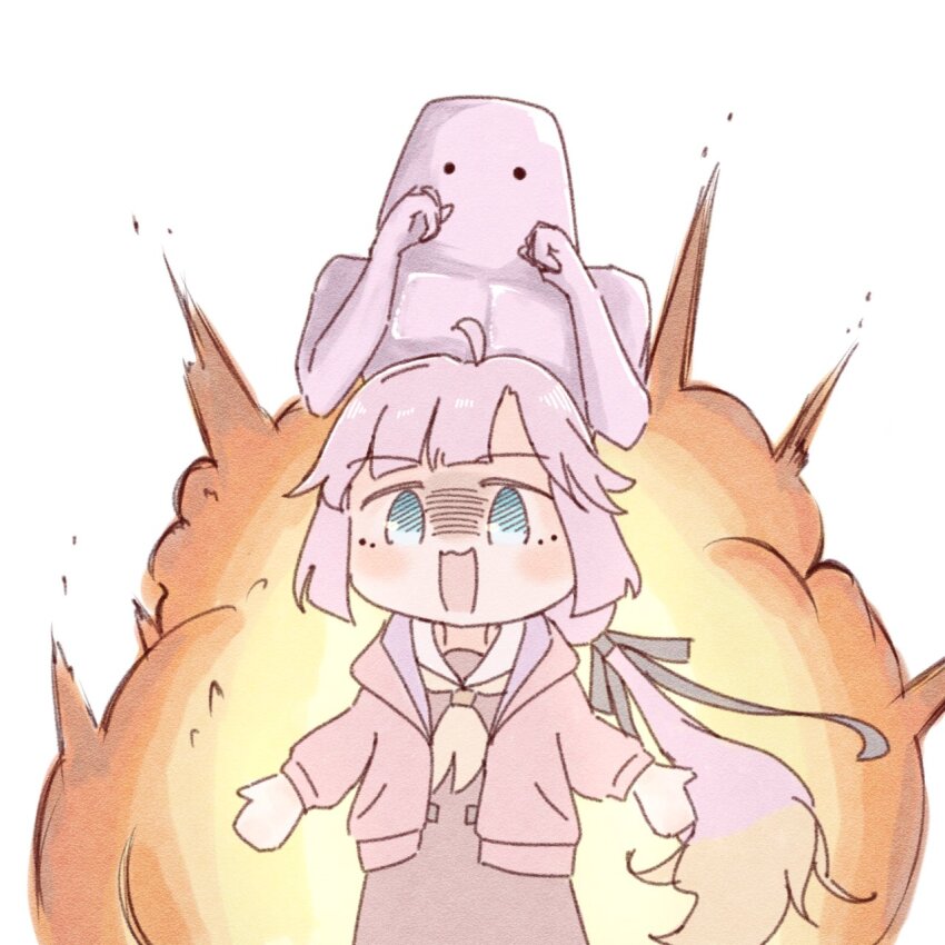 ._. 1girl :3 :d ahoge amano_tatsu anyoji_hime black_ribbon blonde_hair blue_eyes blunt_bangs brown_dress clenched_hands commentary_request dress explosion funio gradient_hair hair_intakes hair_ribbon hasu_no_sora_school_uniform highres hood hooded_jacket jacket link!_like!_love_live! liv_heart long_hair long_sleeves love_live! multi-tied_hair multicolored_hair neckerchief open_clothes open_jacket open_mouth pink_hair pink_jacket ponytail ribbon sailor_collar sailor_dress school_uniform sidelocks smile swept_bangs very_long_hair virtual_youtuber white_background white_sailor_collar winter_uniform yellow_neckerchief