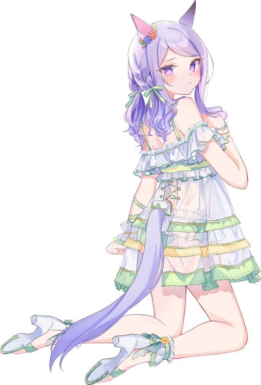 1girl animal_ears bare_legs bare_shoulders bikini blush closed_mouth full_body hair_ribbon high_heel_sandals high_heels highres horse_ears horse_girl horse_tail horseshoe kneeling light_purple_hair long_hair looking_at_viewer looking_back mejiro_mcqueen_(ripple_fairlady)_(umamusume) mejiro_mcqueen_(umamusume) moko_(mokochisa) one-piece_swimsuit purple_eyes ribbon sandals see-through_bikini see-through_clothes see-through_one-piece_swimsuit simple_background swimsuit tail umamusume white_background white_one-piece_swimsuit white_sandals
