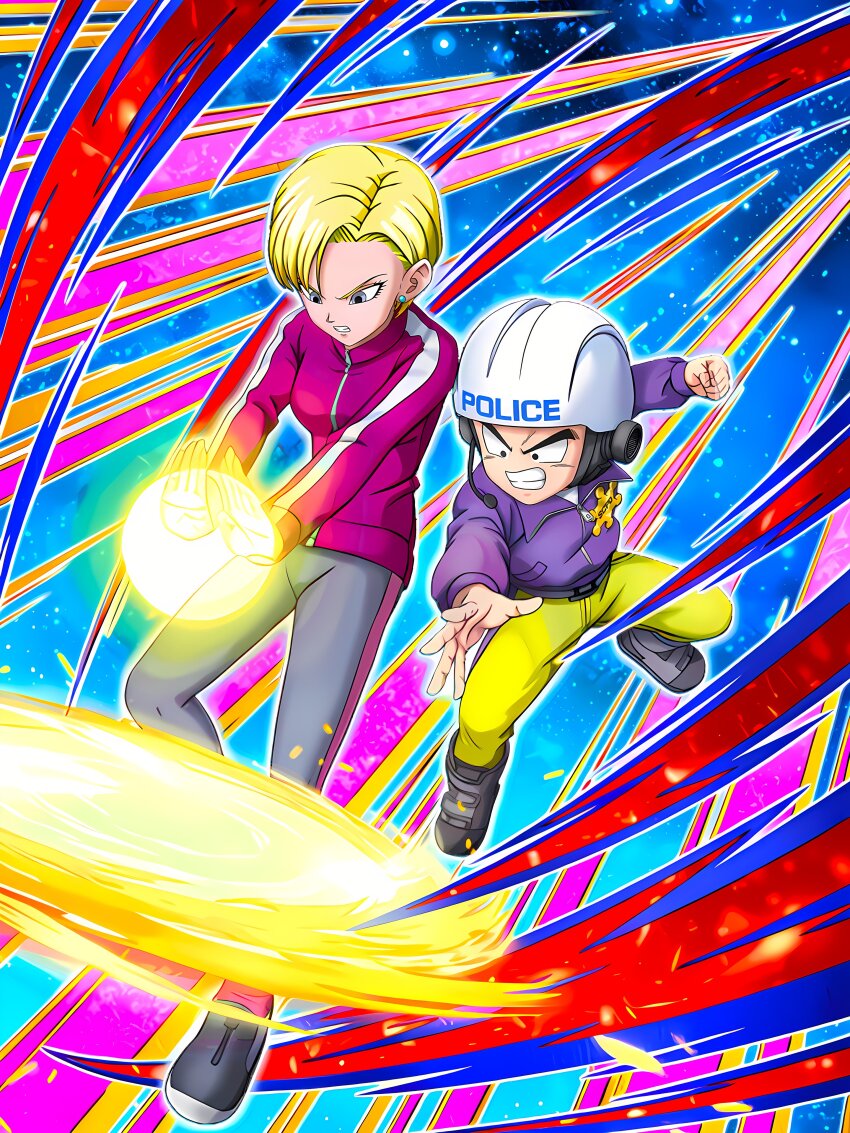 1boy 1girl absurdres android_18 angry blonde_hair couple dokkan_battle dragon_ball dragon_ball_super dragon_ball_super_super_hero highres husband_and_wife ki_blast kienzan kuririn official_art police police_uniform policeman serious tagme