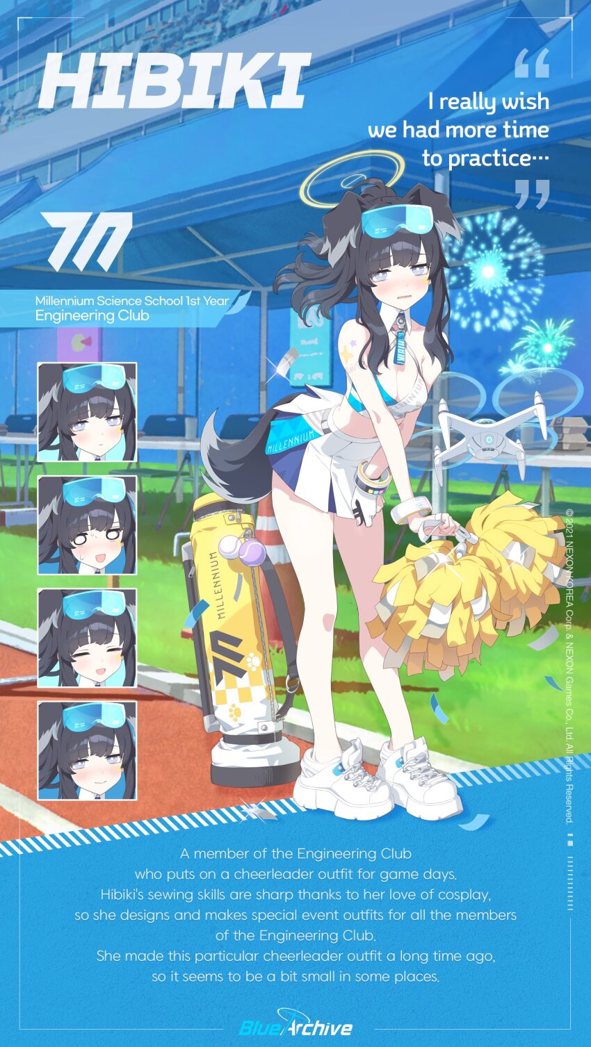 1girl absurdres animal_ears black_hair blue_archive blunt_bangs blush breasts cheerleader cleavage dog_ears dog_girl dog_tail english_text multiple_expressions eyewear_on_head goggles goggles_on_head halo hibiki_(blue_archive) hibiki_(cheer_squad)_(blue_archive) highres holding holding_pom_poms jewelry long_hair looking_at_viewer medium_breasts millennium_cheerleader_outfit_(blue_archive) mimitoke o_o official_alternate_costume official_art pom_pom_(cheerleading) pom_poms shoes skirt sneakers solo sticker_on_face sunglasses tail tinted_eyewear