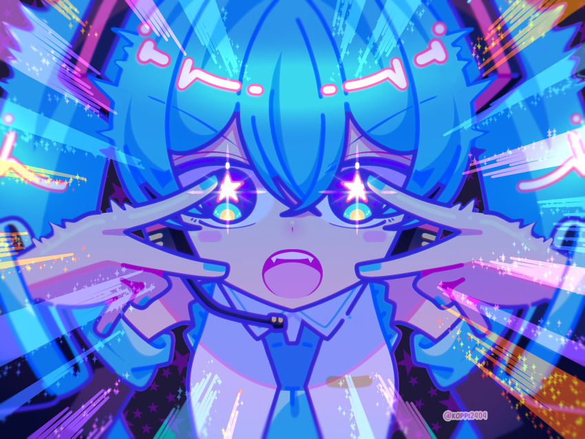 1girl aqua_eyes aqua_hair aqua_nails black_sleeves blush_stickers collared_shirt commentary double-parted_bangs double_v english_commentary hair_between_eyes hatsune_miku highres ibispaint_(medium) koppi2404 long_hair long_sleeves looking_at_viewer m@gical_cure!_love_shot!_(vocaloid) meme miku_miku_beaaaam!!_(meme) nail_polish open_mouth pop_art shirt solo star-shaped_pupils star_(symbol) straight-on symbol-shaped_pupils twintails twitter_username upper_body v v_over_eye vocaloid watermark white_shirt