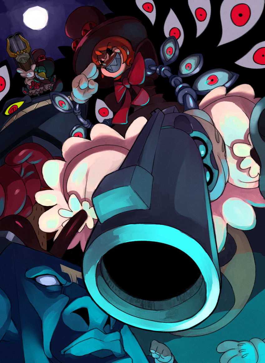 1girl andy_anvil asawanda avery_(skullgirls) bloomers cyborg double-barreled_shotgun dress frilled_dress frills gloves grin gun handgun hat highres holding holding_weapon lenny_the_bomb looking_at_viewer looking_down moon moonlight orange_hair peacock_(skullgirls) red_eyes revolver salute sharp_teeth short_hair shotgun skullgirls smile teeth tommy_ten-tons top_hat underwear weapon