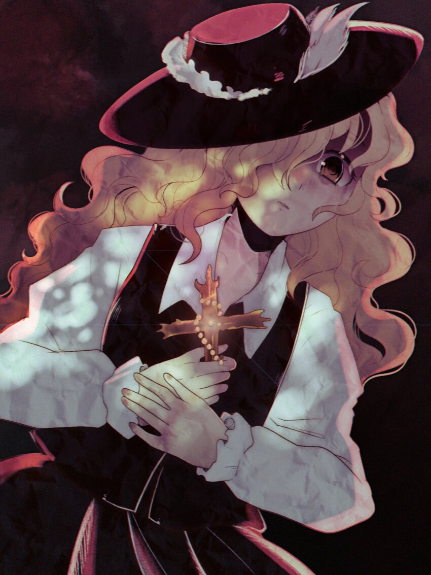 1girl brown_eyes brown_hat brown_skirt brown_vest closed_mouth collared_shirt commentary_request cross dungeon_toaster hair_over_one_eye hat highres holding holding_cross jacket_girl_(dipp) juliet_sleeves long_hair long_sleeves multiple_expressions puffy_sleeves shirt skirt solo touhou very_long_hair vest wavy_hair white_shirt