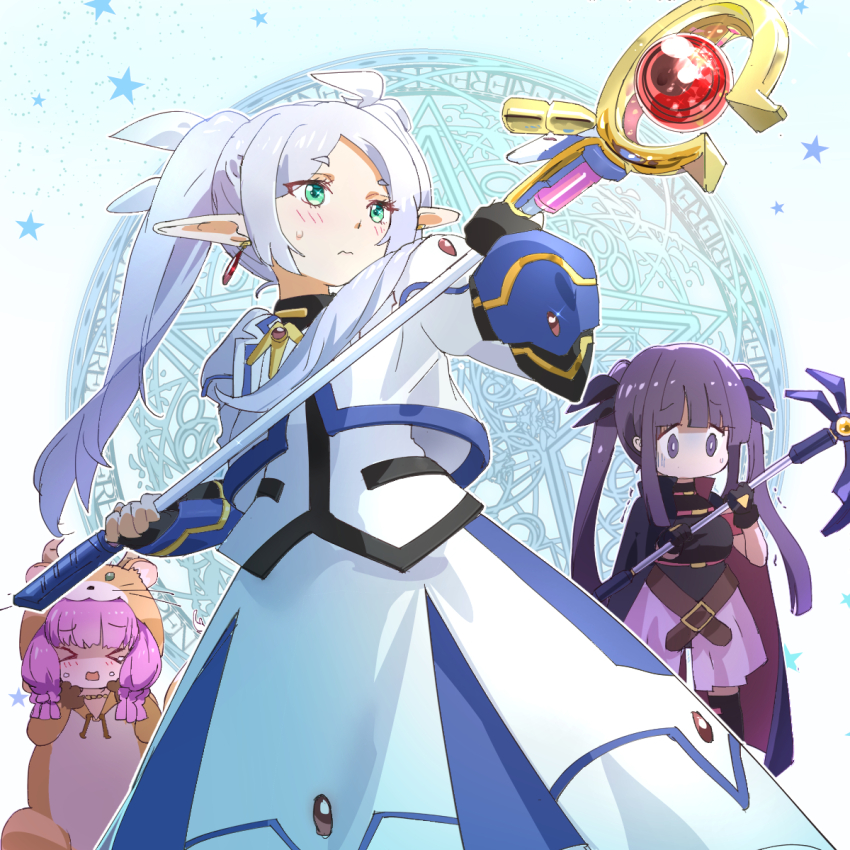 &gt;_&lt; 3girls :o aura_(sousou_no_frieren) aura_bullying_(meme) bardiche_(axe_form)_(nanoha) bardiche_(nanoha) blush cape commentary_request cosplay crossover demon_girl demon_horns earrings elf fate_testarossa fate_testarossa_(cosplay) fate_testarossa_(movie_1st_form) fern_(sousou_no_frieren) ferret fingerless_gloves frieren gloves green_eyes highres holding holding_staff horns jewelry kyarahiba long_hair lyrical_nanoha magic_circle mahou_shoujo_lyrical_nanoha meme multiple_girls parody pointy_ears purple_hair raising_heart raising_heart_(device_mode) raising_heart_(device_mode)_(1st) skirt sousou_no_frieren staff sweatdrop takamachi_nanoha takamachi_nanoha_(cosplay) takamachi_nanoha_(movie_1st_mode) twintails wavy_mouth white_hair yuuno_scrya yuuno_scrya_(cosplay)