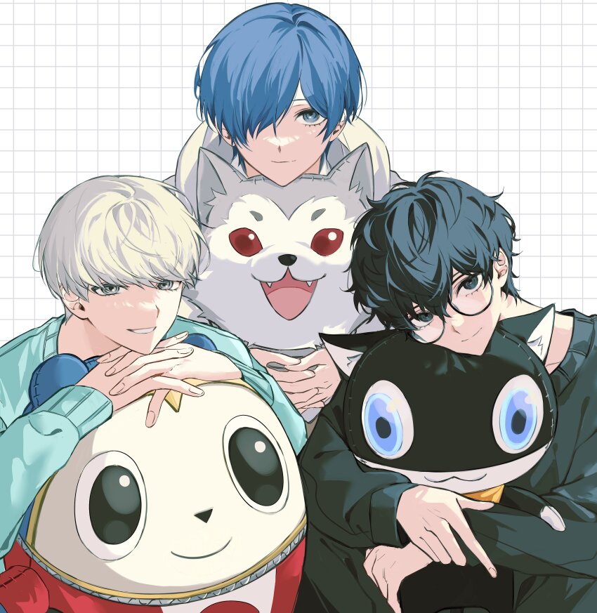 3boys absurdres alternate_costume amamiya_ren black-framed_eyewear black_eyes black_hair black_pants black_sweater blue_eyes blue_hair blue_sweater character_doll closed_mouth commentary doll english_commentary grey_eyes grey_hoodie grid_background hair_between_eyes hair_over_one_eye highres holding holding_stuffed_toy hood hoodie in-franchise_crossover interlocked_fingers koromaru_(persona) kuma_(persona_4) long_sleeves looking_at_viewer male_focus mnce_o morgana_(persona_5) multiple_boys narukami_yu pants persona persona_3 persona_4 persona_5 round_eyewear short_hair sitting smile stuffed_animal stuffed_cat stuffed_dog stuffed_toy sweater teddy_bear white_hair yuuki_makoto_(persona_3)