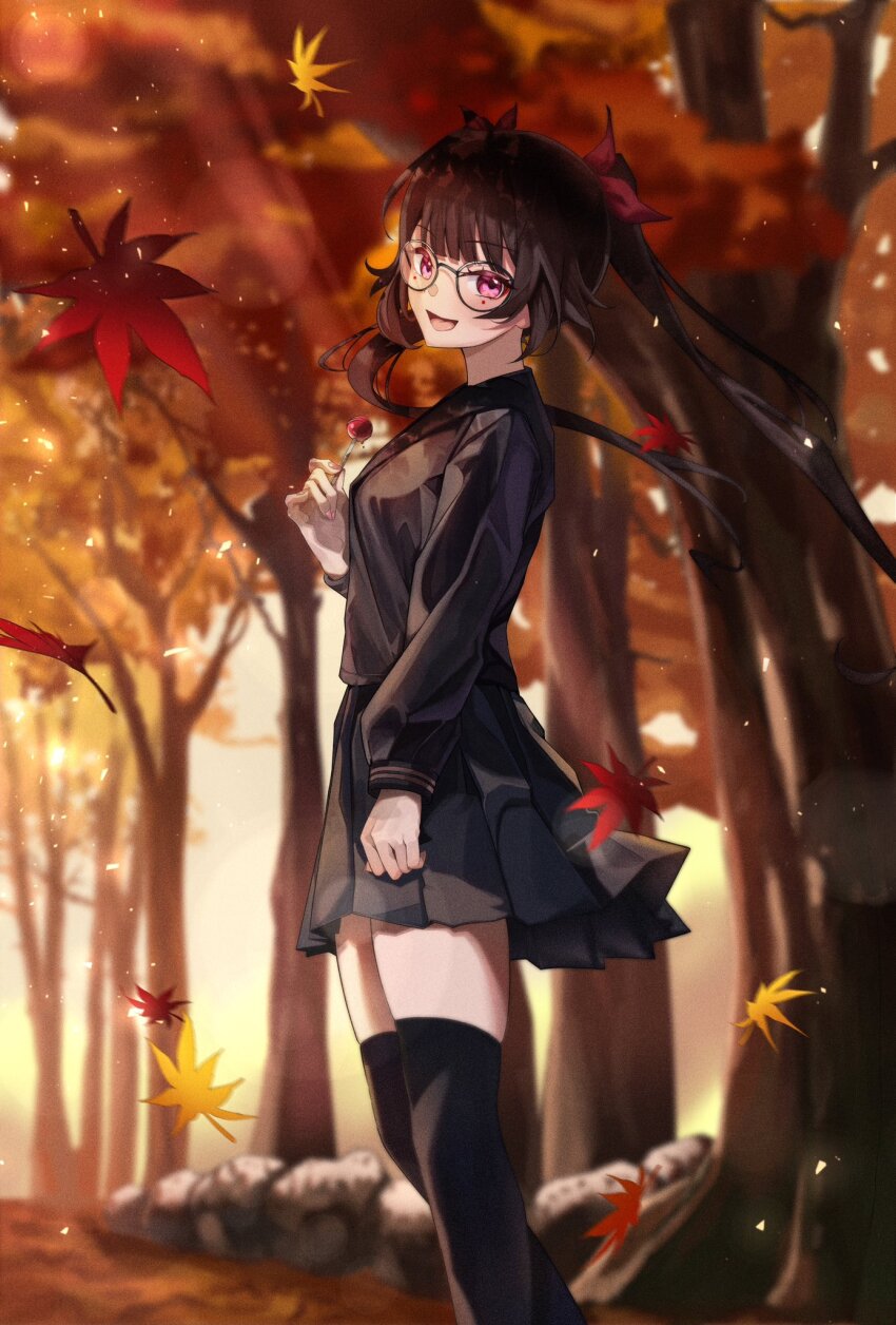 1girl :d arm_at_side autumn autumn_leaves black_shirt black_skirt black_thighhighs blunt_bangs brown_hair butterfly-shaped_pupils candy day falling_leaves feet_out_of_frame film_grain fingernails floating_hair food from_side gemb glasses hair_ribbon hand_up happy hashtag-only_commentary highres holding holding_candy holding_food holding_lollipop honkai:_star_rail honkai_(series) leaf lollipop long_hair long_sleeves looking_at_viewer maple_leaf miniskirt open_mouth outdoors pleated_skirt red_eyes red_ribbon ribbon round_eyewear shirt skirt smile solo sparkle_(honkai:_star_rail) standing sunlight symbol-shaped_pupils thighhighs tongue twintails wind