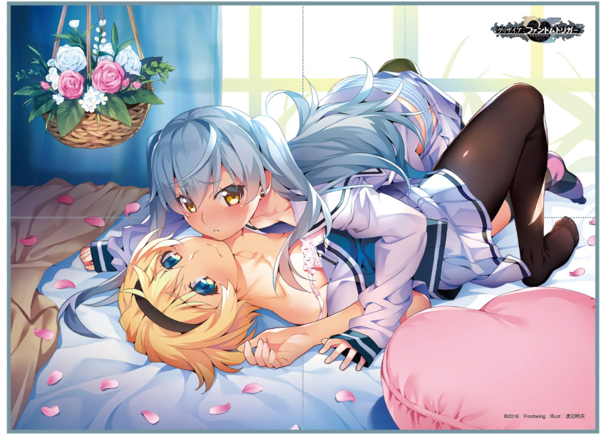 2girls black_legwear blonde_hair blue_eyes bra clothes_pull collarbone company_name copyright_notice dated earrings flower grisaia_(series) grisaia_phantom_trigger hairband hanging_plant indoors jewelry kujirase_christina_sakurako logo long_hair long_sleeves looking_at_viewer lying multiple_girls no_shoes off_shoulder official_art on_back on_bed on_person panties pantyhose parted_lips petals pleated_skirt school_uniform shishigaya_touka short_hair short_sleeves silver_hair skirt skirt_pull strap_slip striped_clothes striped_legwear striped_panties stud_earrings torn_clothes torn_legwear underwear watanabe_akio white_skirt yellow_eyes yuri