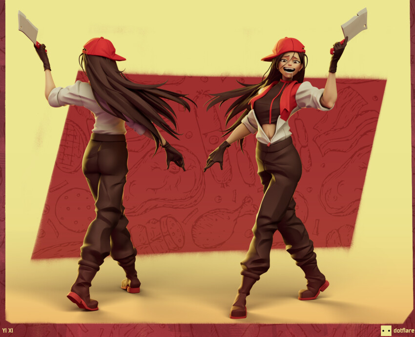 1girl 3d absurdres artist_name black_boots black_gloves black_hair black_pants boots butcher butcher_vanity_(synthesizer_v) character_name cleaver dotflare gloves hat highres holding holding_cleaver jacket long_hair multiple_views open_mouth pants partially_unzipped red_hat sideways_hat sleeves_rolled_up smile synthesizer_v vimalion_pro white_jacket yi_xi_(synthesizer_v)