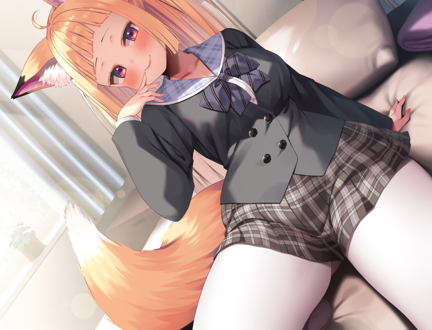 1girl absurdres animal_ear_fluff animal_ears arm_support asa_no_ha_(awayuki) bed bed_sheet black_jacket black_skirt blue_sailor_collar blunt_bangs blush closed_mouth collarbone curtains dutch_angle fox_ears fox_tail highres indoors jacket looking_at_viewer on_bed orange_hair original pantyhose pillow plaid_clothes plaid_skirt pleated_skirt red_eyes sailor_collar school_uniform sitting skirt smile solo tail thick_thighs thighs white_pantyhose window